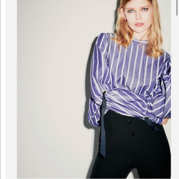 Zara Basic Z1975 Denim Blue and White Striped Top with Tie Sleeves S - Picture 4 of 5